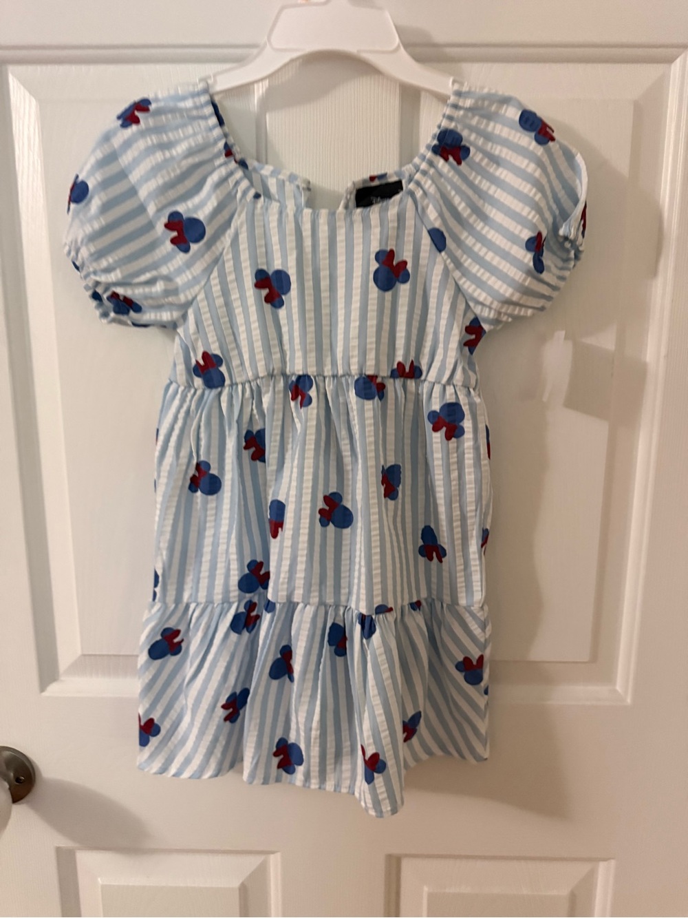 Blue Striped Puff-Sleeve dress with Minnie Mouse Print